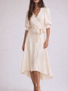 ba&sh Cream High-Low Wrap Dress with Puff Sleeves